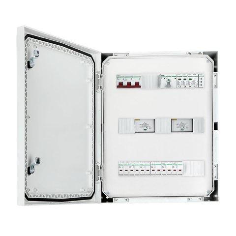 Inverter biztonsági elosztó IP66 DC túlfeszültség-levezető Citel 25kA 1000V típus 1+2, 6x input 6x output, PV, 2x MPPT, túláram védelem 12x15A // AC Túlfeszültség-levezető típus 1+2, 100A 3F, FR 100A, fázisjelzés (Fronius Tauro ECO 50-3-P)