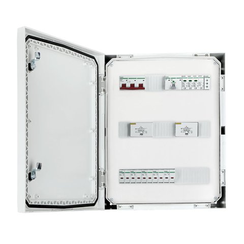 Inverter biztonsági elosztó IP66 DC túlfeszültség-levezető Citel 25kA 1000V típus 1+2, 5x input 5x output, PV, 2x MPPT, túláram védelem 10x15A // AC Túlfeszültség-levezető típus 1+2, 100A 3F, FR 100A, fázisjelzés (Fronius Tauro ECO 50-3-P)
