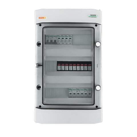 DC+ AC biztonsági elosztó 1000V-os túlfeszültség-levezetővel típus 2, 3 x PV string, 3 x MPPT, 6x 15A túláram védelem // AC Túlfeszültség-levezető típus 2, 25A 3-F