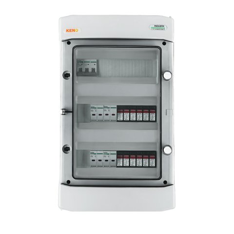 DC + AC biztonsági elosztó 1000V-os túlfeszültség-levezetővel típus 2, 4x PV string, 4x MPPT, 8 védő trans. 15A // FR 63A