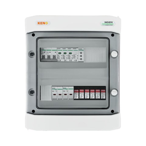 DC + AC biztonsági elosztó 1000V-os túlfeszültség-levezetővel típus 1+2, 2 x PV string, 2 x MPPT, 4x védelmi transz. 15A // lim. AC típus 1+2, 32A 3-F, fázisjelzés
