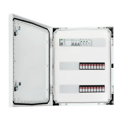 DC + AC csatlakozódoboz IP 66 DC 1000V típusú 1 + 2 túlfeszültség-levezetővel, 6 x PV string, 6 x MPPT // korlátozott AC típusú 1 + 2, 50A 3F, RCD típusú A 63A / 300mA