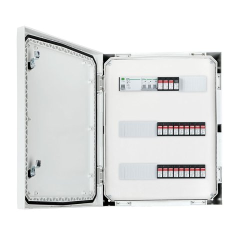 DC + AC csatlakozódoboz IP 66 DC Phoenix 1000V típusú 1 + 2 túlfeszültség-levezetővel, 6 x PV húr, 6 x MPPT // korlátozott AC Phoenix típusú 1 + 2, 50A 3F, RCD típusú A 63A / 300mA